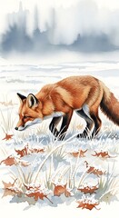 A red fox, alert and watchful, navigates a wintery landscape dusted with frost.