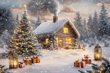 Fototapeta premium Illuminated log cabin scene depicts a snowy forest setting with festive decorations and falling snow