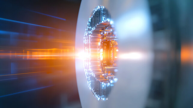 Close-up view of a futuristic, glowing digital interface showcasing advanced technology and data processing. - Powered by Adobe