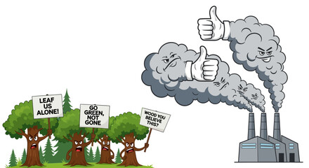 Cartoonish Angry Smoke Plumes with Thumbs Up and Grumpy Faces Environmental Pollution.