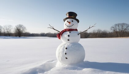 Fototapeta premium Classic snowman stands in a vast snow covered winter field under a clear blue sky