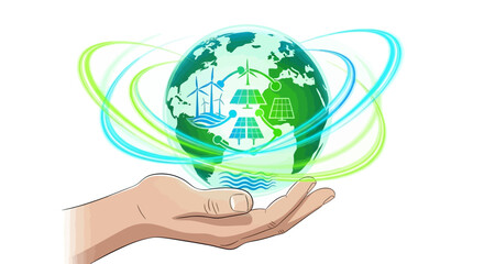 Hand Holding Globe with Renewable Energy Icons and Swirling Energy.