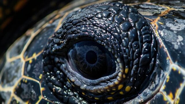 Close-up of turtle's textured eye with intricate skin pattern in vivid detail