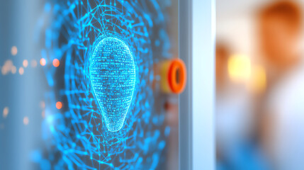 Futuristic digital interface with glowing fingerprint recognition technology showcasing biometric security innovations.