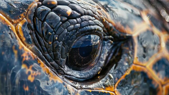 Close-up of turtle eye with detailed shell texture