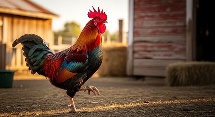 A vibrant rooster, displaying striking plumage, strides across a rustic farmyard floor, with a weathered barn in the background.