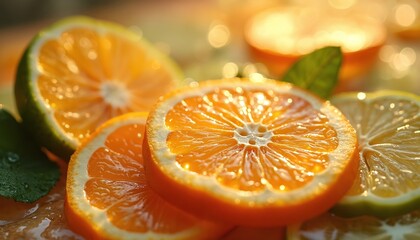 Bright citrus slices with juice droplets on surface. Fresh oranges and lemons with water drops in morning sunlight, refreshing vitamin boost for summer drink.