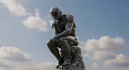 Obraz premium Bronze figure of a man deep in contemplation sits against a bright blue sky with scattered clouds