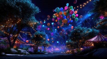 Obraz premium Enchanted Night Scene with Colorful Balloons and Twinkling Lights in a Magical Forest Setting