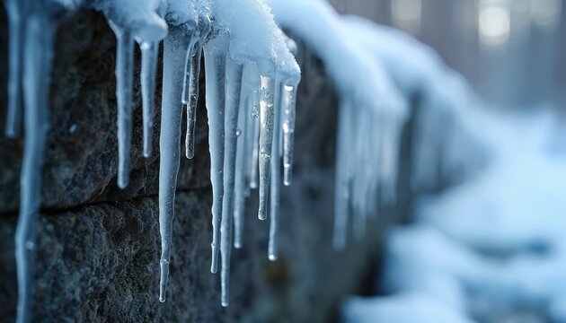 Sharp clear icicles hang from rough rock wall with melting water drops. Frozen natural ice formations create abstract shapes in cold winter weather. - Powered by Adobe