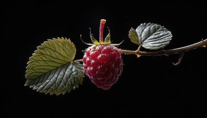 Vibrant red raspberry fruit hanging on a thorny branch with textured green leaves against a deep black background