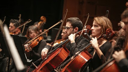 Fototapeta premium A talented male musician plays the classical violin during an orchestral performance, bringing the string instrument's art to life for the people at the musical concert