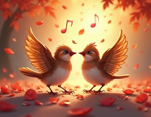 Fototapeta premium Two little birds appear to dance and sing near music notes. Falling red petals and leaves surround the cute couple. They stand together on ground. Warm sunset glow.
