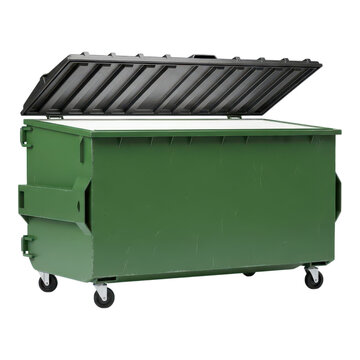Large green outdoor dumpster with open lid on wheels isolated on transparent background