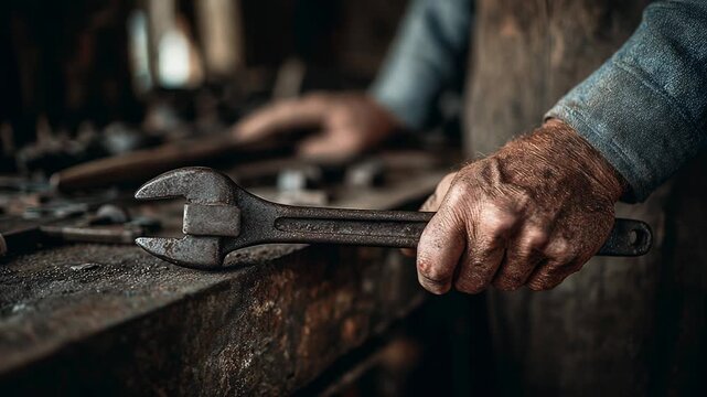 Blacksmith working with tools in workshop