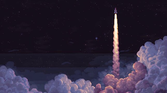 Rocket launch through dramatic clouds into starry sky