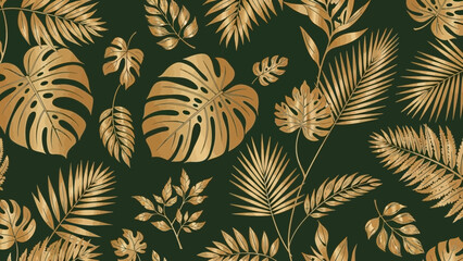 Golden tropical leaves pattern elegant botanical illustration for fabric and wallpaper design seamless jungle motif on dark green background