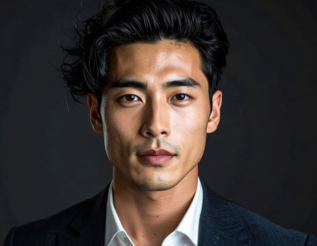 Confident Asian Man in Suit Looking Directly at Camera.