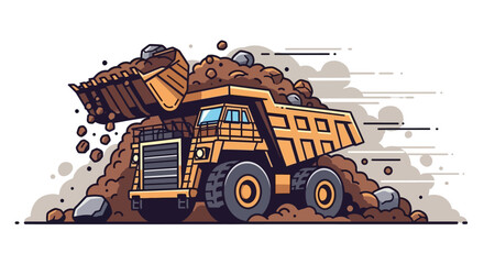 Cartoon yellow mining dump truck loaded with dirt and rocks by an excavator bucket. © Satya