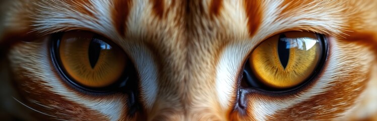 Extreme close up of ginger cat eyes with bright amber irises. Feline gaze fixed ahead, detailed fur texture visible around eyes. Intense stare.