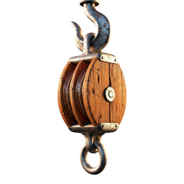 Wooden pulley with metal hook and eye isolated on transparent background