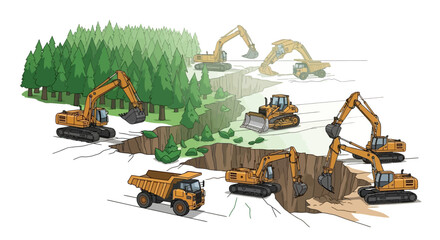 Vibrant orange heavy construction vehicles excavators bulldozer and dump truck actively engaged in earthmoving operations. © Satya