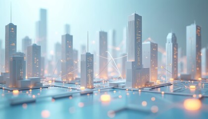 Abstract white city model with glowing orange connections. Futuristic urban network concept, digital technology and smart infrastructure data flow.