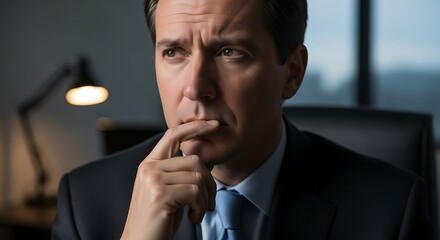 Businessman with thoughtful expression holds finger to mouth in dimly lit office setting