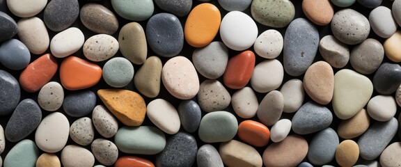 A close up view of numerous smooth colorful naturally tumbled pebbles creating a vibrant textured background pattern