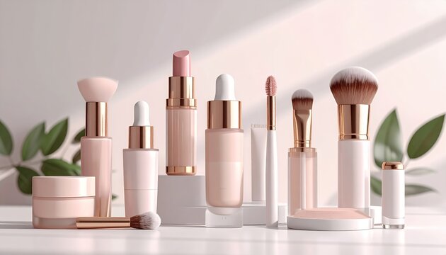 Elegant collection of makeup products and brushes on a white surface with natural light and green leaves.