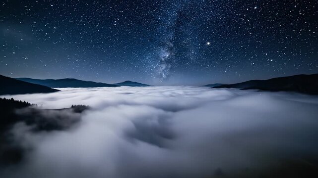 Nighttime landscape of a starry sky with the Milky Way over a foggy valley and mountain range.