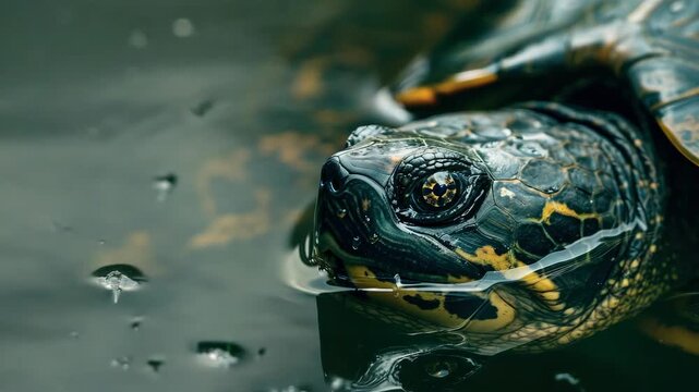 Close-up of turtle face in water, detailed scales visible
