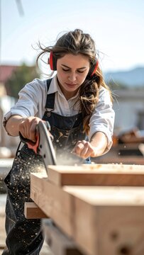 Focused young woman carpenter cutting wood with a circular saw in a workshop, wearing safety glasses and ear protection, surrounded by sawdust and wooden planks.