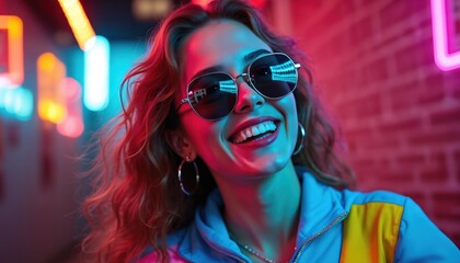Young woman with blonde wavy hair wears sunglasses and hoop earrings against a neon-lit brick wall. She smiles broadly, exuding a fun, retro 90s vibe in her colorful jacket.