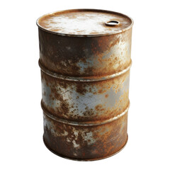 Rusty metal barrel with corrosion and aged surface isolated on transparent background