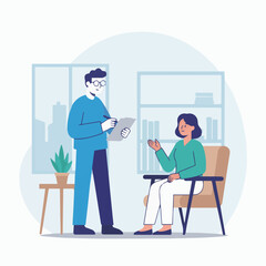“Researcher Conducting Interview Study”
Flat vector researcher with clipboard interviewing participant, simple room backdrop, geometric furniture, solid colour scheme.