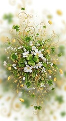 A vibrant arrangement of shamrocks, flowers, and gold accents creates a celebratory St. Patrick's Day design.
