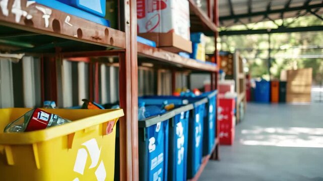 Organized recycling bins in facility, showing various waste sorting
