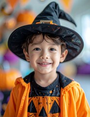 Happy young boy in witch hat and pumpkin shirt celebrating Halloween.