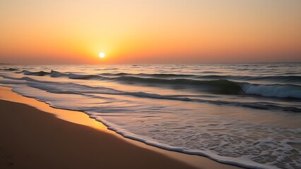 Tranquil beach sunset with gentle waves, offering a peaceful and scenic escape.
