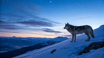 Majestic gray wolf standing alert on a snowy mountain slope under a deep blue twilight sky with visible stars above a distant valley