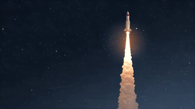 Rocket launches into starry sky above clouds