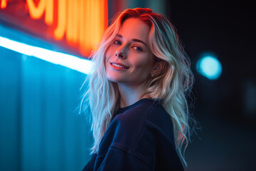 Close-up of a smiling woman under the neon lights of the night