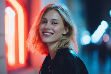 Close-up of a smiling woman under the neon lights of the night