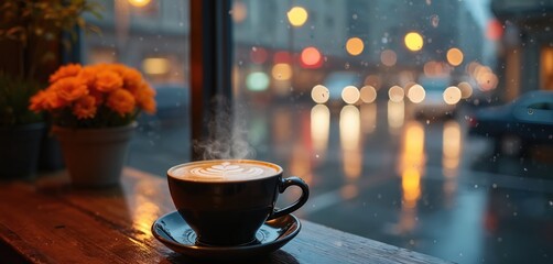 Steaming coffee cup with latte art sits on a wooden table. Rain streaks on windowpane blur city lights and traffic. Orange flowers in pot nearby. Cozy cafe mood.