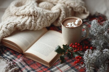 Cozy winter scene features an open book alongside a mug of hot cocoa with marshmallows