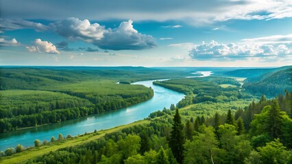 Obraz premium Stunning aerial view of a wide, winding river cutting through lush green forest hills under a bright blue sky with scattered white clouds on a sunny day