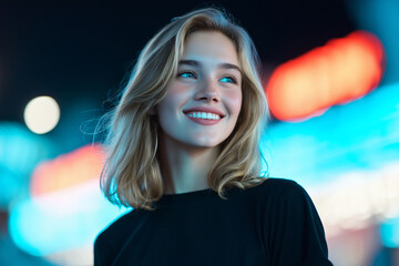 Close-up of a smiling woman under the neon lights of the night