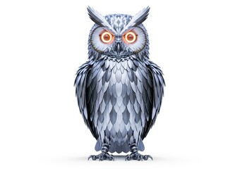 An owl with metallic feathers isolated on white background, showcasing a blend of nature and technology in a sleek, modern design