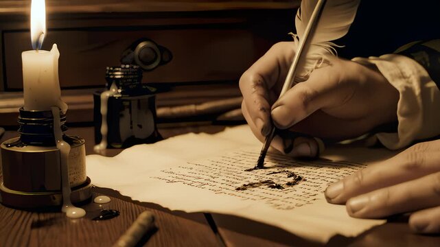 Hand Writes With Quill Pen on Parchment in Candle Light Scene
